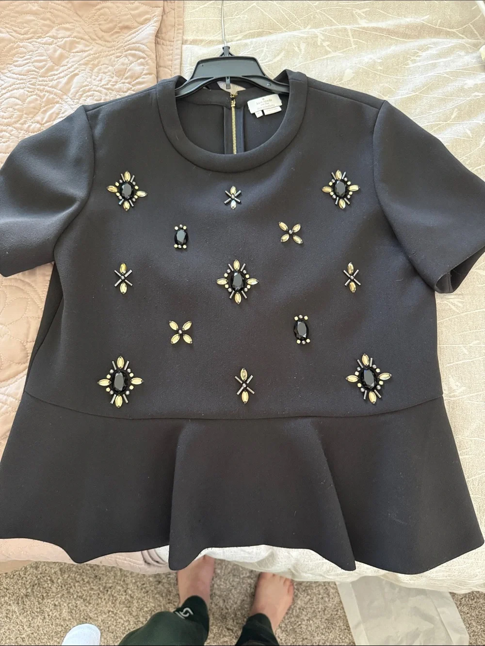 Kate Spade Embellished Black Short Sleeve Peplum Top